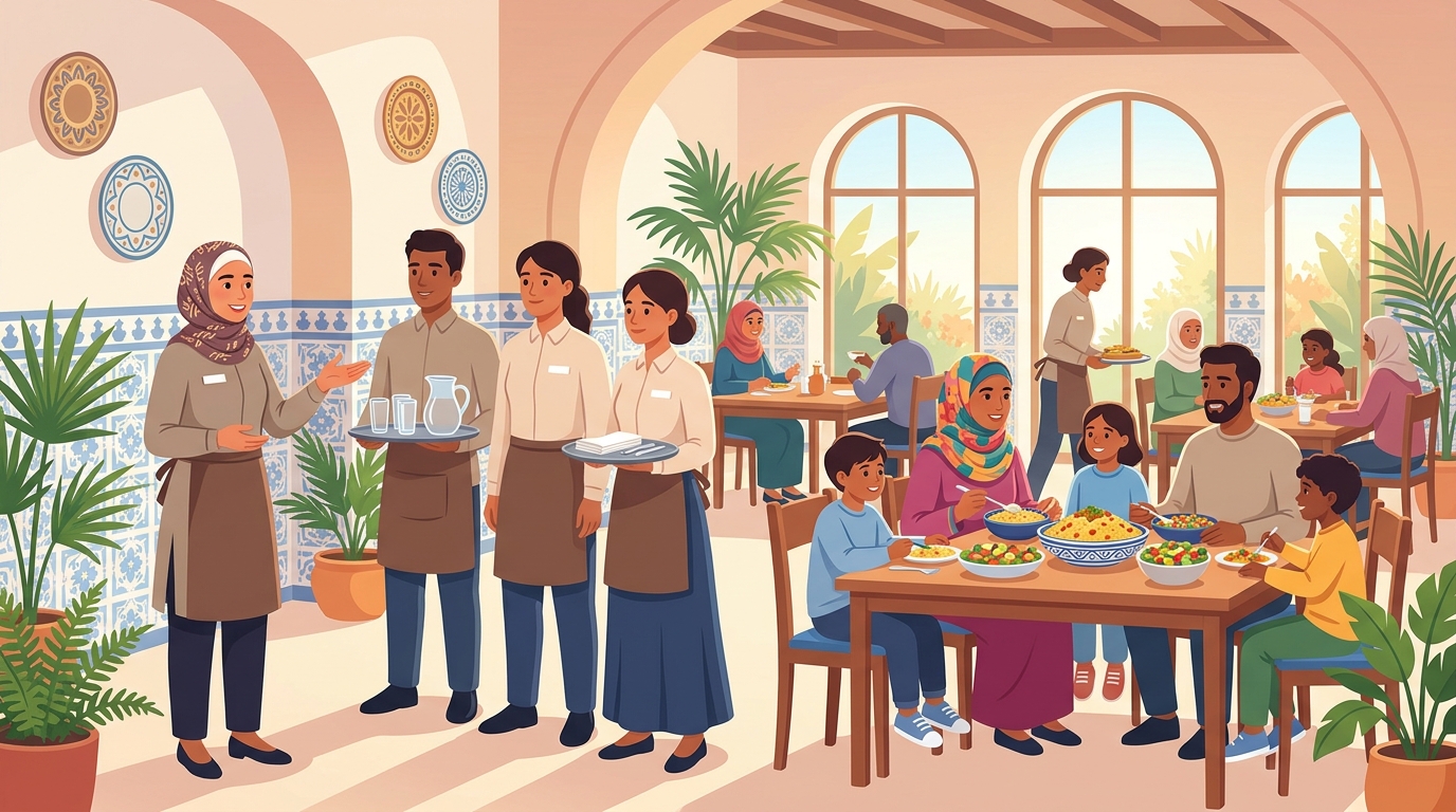 Dans un restaurant familial, une superviseure souriante présente son équipe de serveurs ; des familles déjeunent